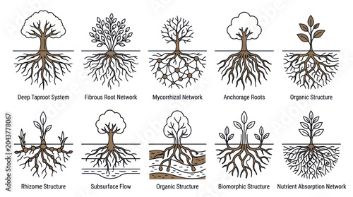 Tableau sur toile Types of Plant Root Systems: Taproot, Fibrous, Mycorrhizal, Rhizome, Anchorage