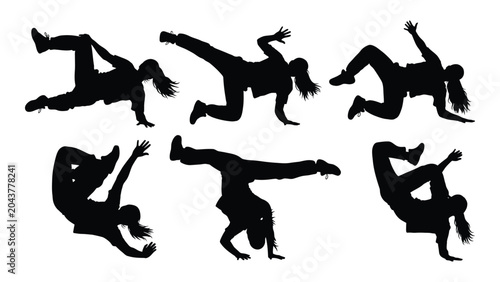 Принти на полотні silhouette of breakdancer performing various moves dance dynamic action black