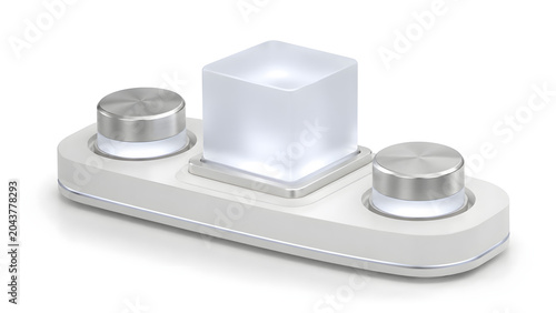 A sleek, modern device featuring two brushed metal knobs and a frosted glass cube, illuminated from within, suggesting control and innovation.