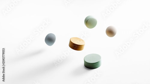 Floating pastel spheres and stacked cylinders with soft shadows minimalist 3D abstract render
