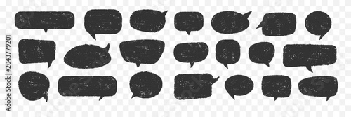Grunge speech bubble collection with pencil crayon chalk texture. Rough edges, hand drawn shapes. Vector chat balloons for comic design, social media posts, stickers, quotes, dialogue boxes, poster