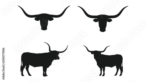 longhorn cattle silhouettes on white background bull animal silhouette black