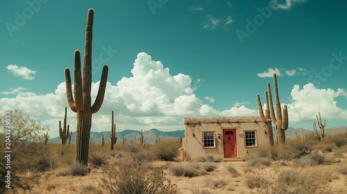 Abandoned desert house with cacti under dramatic cloudy sky in arid landscape