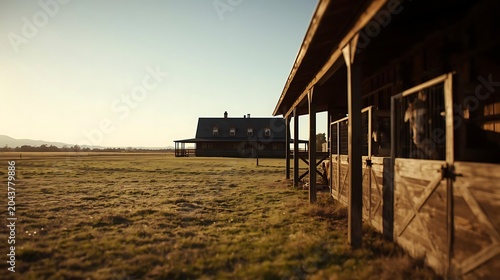Abandoned wooden stable at golden hour in rural desert landscape with dramatic lighting