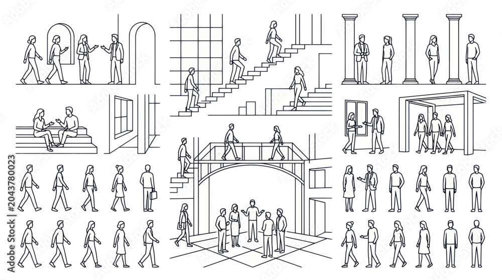 Obraz premium Architectural Line Drawings: People in Various Urban Settings and Indoor Spaces