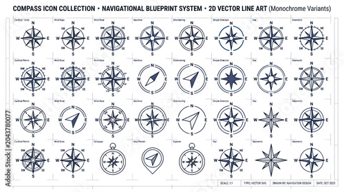 Schilderij op canvas Compass Icon Collection: Navigational Blueprint System, Vector Line Art (Monochr