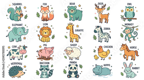 Canvas Print Cute Cartoon Animals Collection: Squirrel, Fox, Bear, Deer, Owl, Elephant, Lion