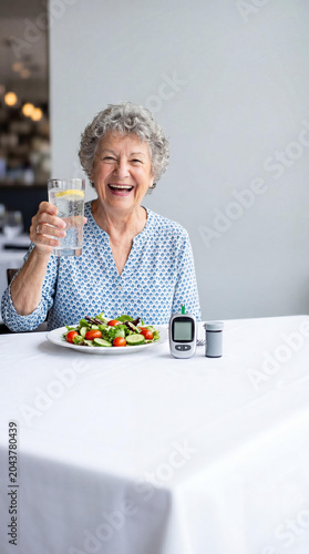 Happy senior woman with diabetes drinking water and eating salad. Healthy lifestyle, diet control and blood glucose monitoring device on the table. Managing insulin level and nutrition.