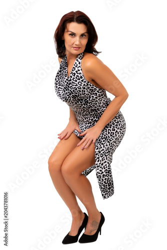 young woman in black and white dress, isolated