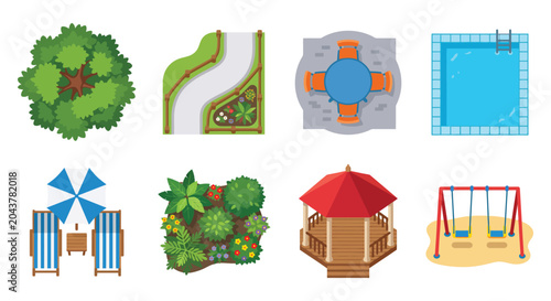 Fotografie A vibrant collection of eight colorful vector icons depicting various outdoor re
