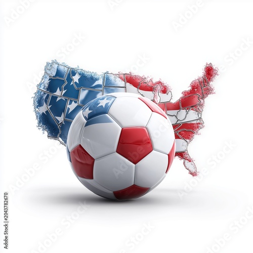 United States soccer concept with American flag themed football and US map in red white and blue color representation