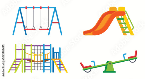 Photos Colorful playground equipment for kids including swings, slide, climbing frame,