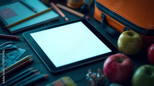 Blank digital tablet screen on wooden table with fresh apples and office supplies in soft natural light