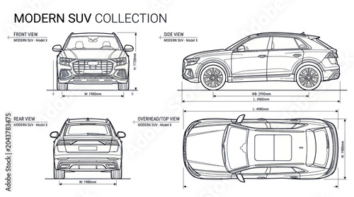 Modern SUV Blueprint Collection: Front, Side, Rear, and Overhead Views with Dimensions