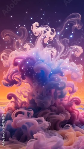 A vibrant, swirling cloud of purple, blue, and pink hues rises against a starry orange and purple gradient sky