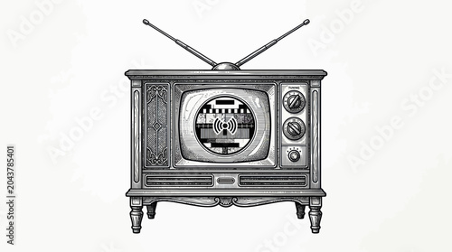 Vintage Television Set with Static Screen and Antenna