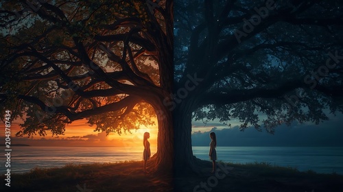 Silhouette of Person Sitting Under Tree at Sunset on Secluded Beach with Dramatic Sky