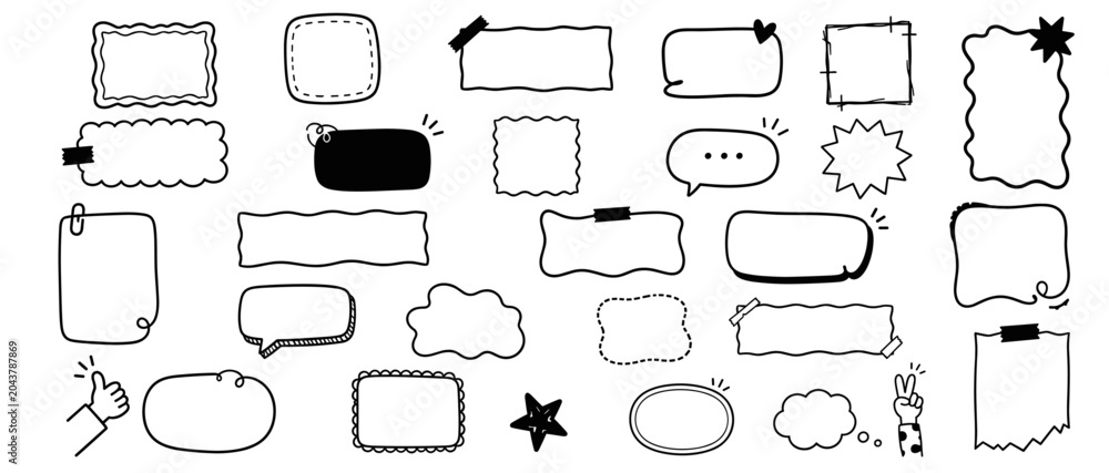 Obraz premium Wavy abstract rectangle text box frame set with organic quote borders, rough labels, uneven speech bubbles and doodle callout vector illustration
