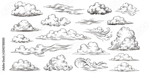 Canvastavla Vintage pen cloud sketch set with hand drawn sky doodles, retro hatching cloudsc