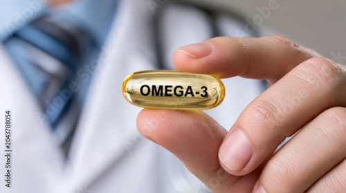 Closeup of a doctor in a white coat holding a vitamin D3 supplement capsule