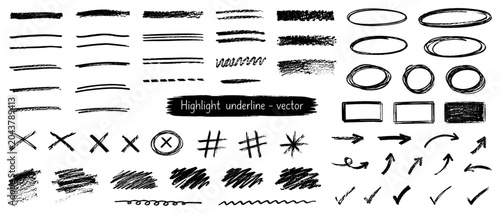 Hand drawn black highlight underline vector collection, rough crayon brush strokes, pencil scribble accents, bold oval frames and text strike marks