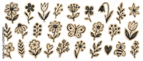 Tableau sur toile Scrapbook cutout paper flowers with charcoal scribble doodles, beige torn sticke