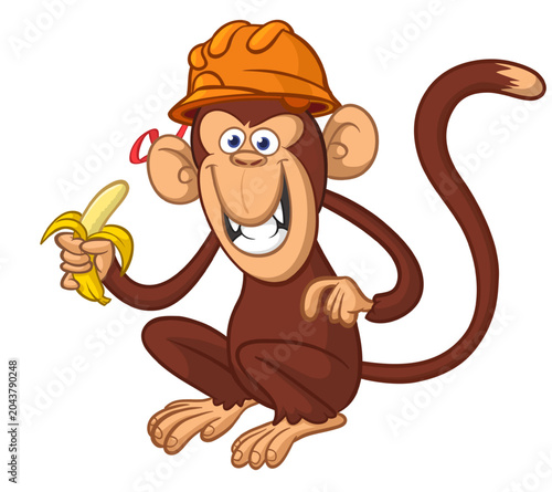 Canvas Print Cartoon funny brown monkey chimpanzee wearing safety helmet