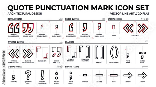 Schilderij op canvas Quote Punctuation Mark Icon Set: Vector Line Art, Architectural Design, 2D Flat