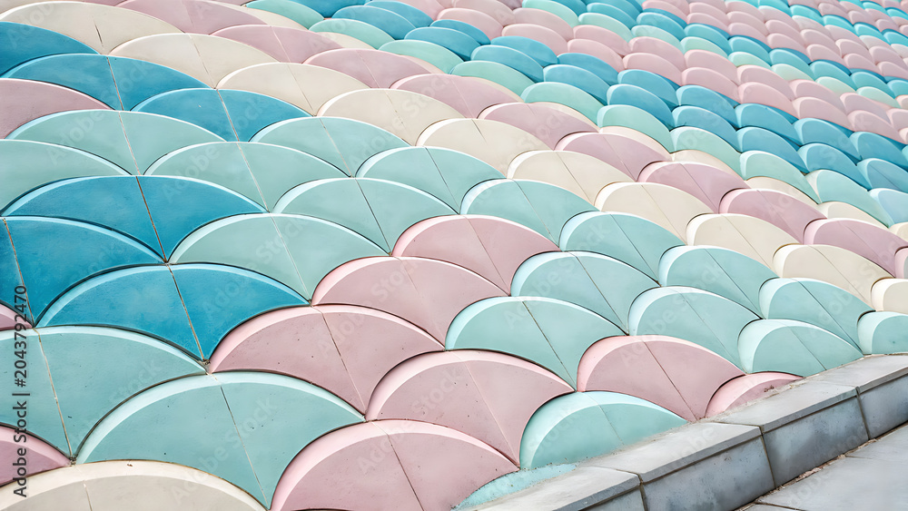Obraz premium Colorful rows of pastel blue pink and white scalloped concrete stadium seating