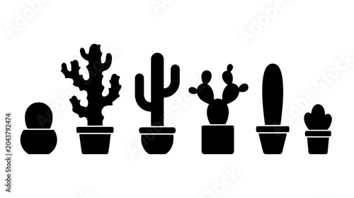 Schilderij op canvas Black silhouettes of various cacti plants.