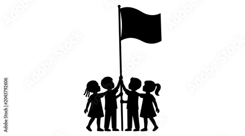 Foto Children holding a flag together outside.