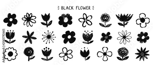 Foto Sketchy black abstract flower in crayon charcoal doodle style, naive hand drawn