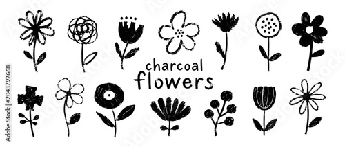Schilderij op canvas Naive black floral doodle with rough crayon texture, hand drawn abstract blossom