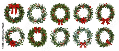 Tableau sur toile Hand drawn Christmas wreath collection with green pine, spruce branches, red rib