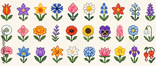 Foto Pixel art flower icon set with 8 bit square floral blooms, retro video game styl