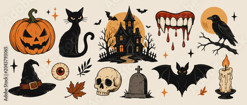 Schilderij op canvas Cute scary Halloween icon collection with jack o lantern, black cat, bat, haunte