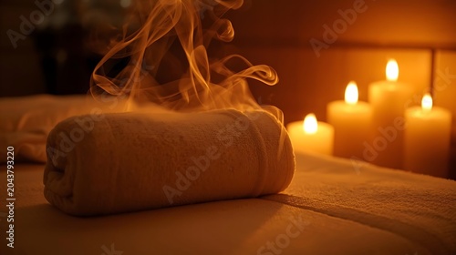 Relaxation with rolled towel and warm candlelight in cozy bedroom setting