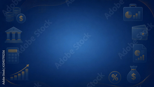 Financial growth background with glowing copy space and modern business icons on a blue corporate backdrop. Professional template for investment marketing, banking services and economic presentations.