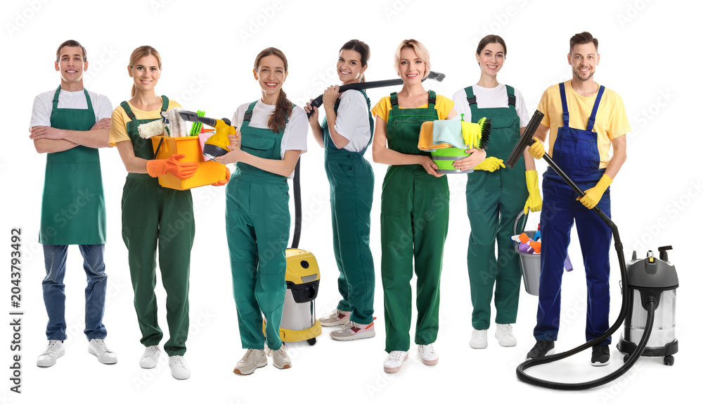 Obraz premium Group of cleaning service workers on white background
