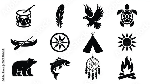 Photos Native american themed icons with eagle turtle fish and traditional cultural tribal motifs