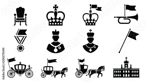 Foto Black icons representing royal regalia and monarchy symbols in clean vector graphic style