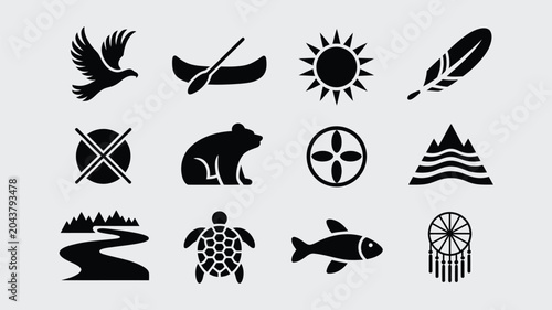 Bild auf Leinwand Set of indigenous culture vector icons representing traditional symbols and native nature