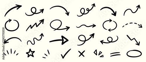 Tableau sur toile Black doodle arrow vector collection with hand drawn curved arrows, sketch direc