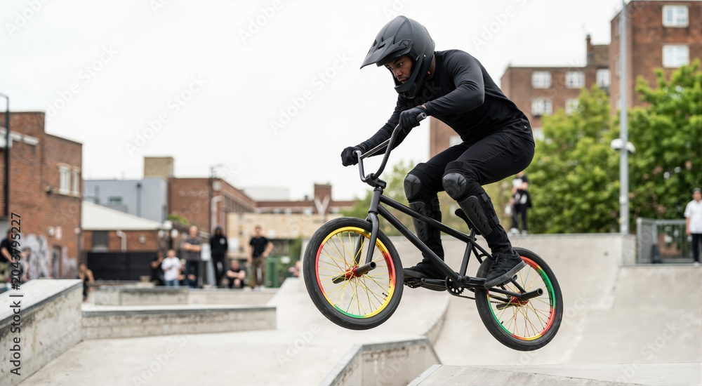 Naklejka premium Black male BMX rider performing a mid air jump with red yellow and green bike wheels. African American athlete at urban skatepark. Juneteenth theme extreme sports