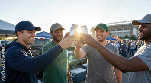 Friends toasting with drinks at stadium tailgate party. Group of sports fans cheering in parking lot