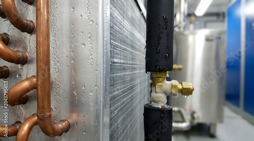 Close-up view of a condensing unit's evaporator coil with water droplets, highlighting intricate copper piping and metal fins, suggesting industrial refrigeration or HVAC systems.