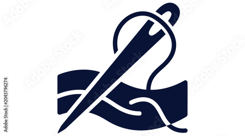 Sewing needle threading through fabric with thread flat silhouette