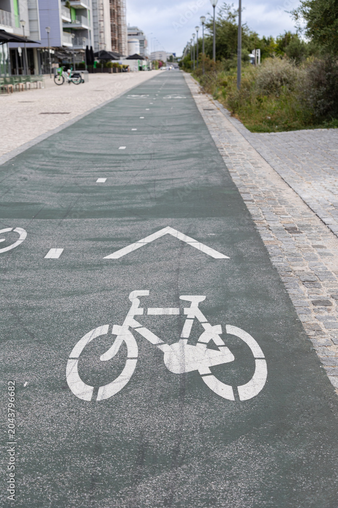 Obraz premium Dedicated bicycle lane in an urban environment with painted bike symbol and directional arrow on the pavement. Sustainable city transport infrastructure promoting cycling, eco-friendly commuting
