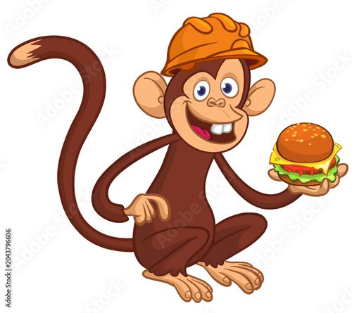 Photography Cartoon funny monkey chimpanzee holding tasty delicious burger in his hands in Safety helmet