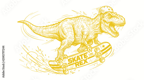 Foto Tyrannosaurus Rex Skateboarder T-Rex Dinosaur Riding Skateboard Yellow